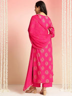 ANNI DESIGNER Womens Rayon Blend Printed Straight Kurta with Pant & Dupatta (Jubal Pink_S_Pink_Small)