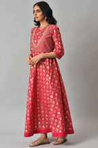Aurelia Pink Foil Pattern Cotton Kurta With Zari Embroidery