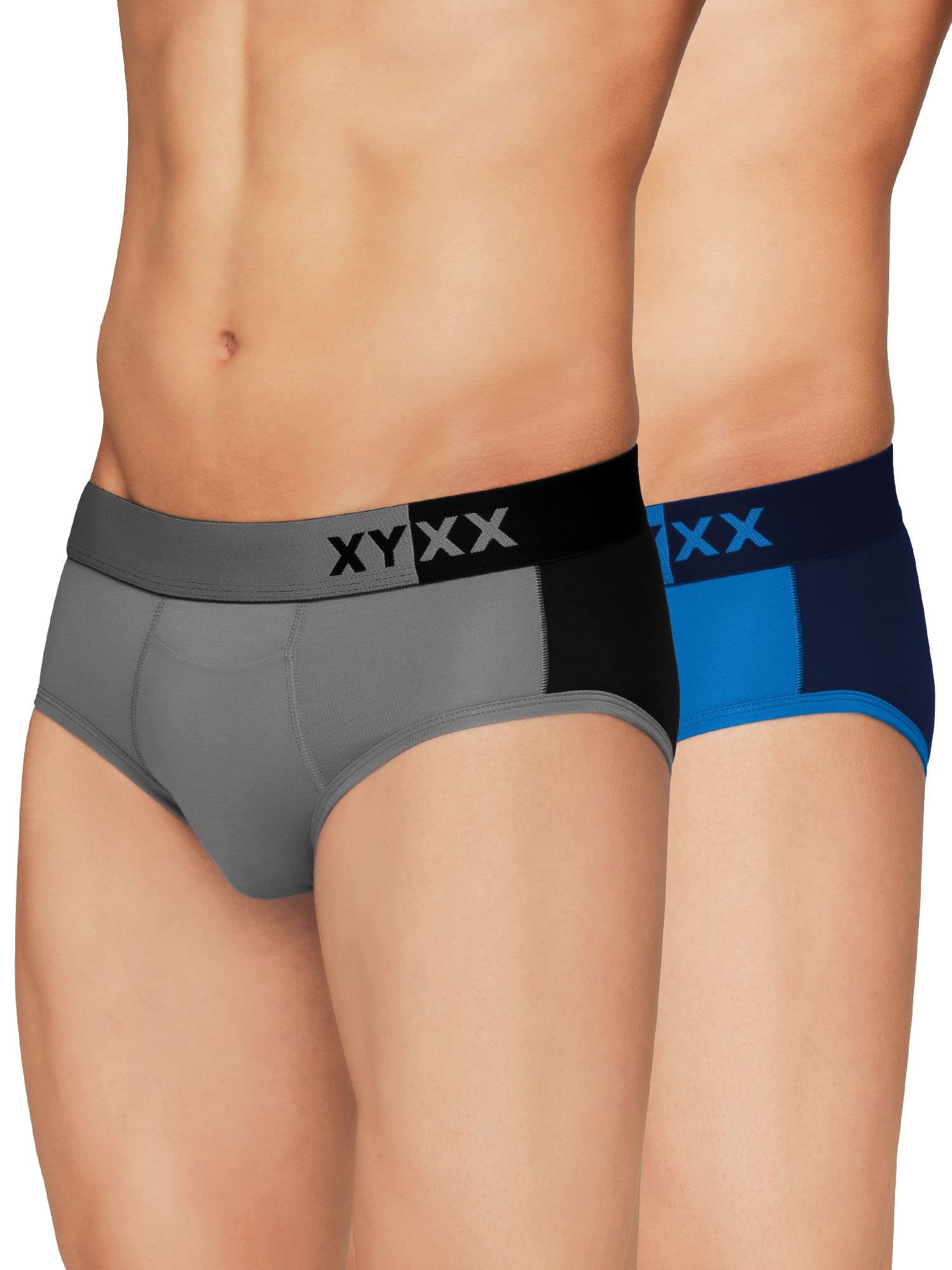 XYXX Mens Underwear Dualist IntelliSoft Antimicrobial Micro Modal Brief Pack of 2 (Steel Grey & Black;Brilliant Blue & Black Ir