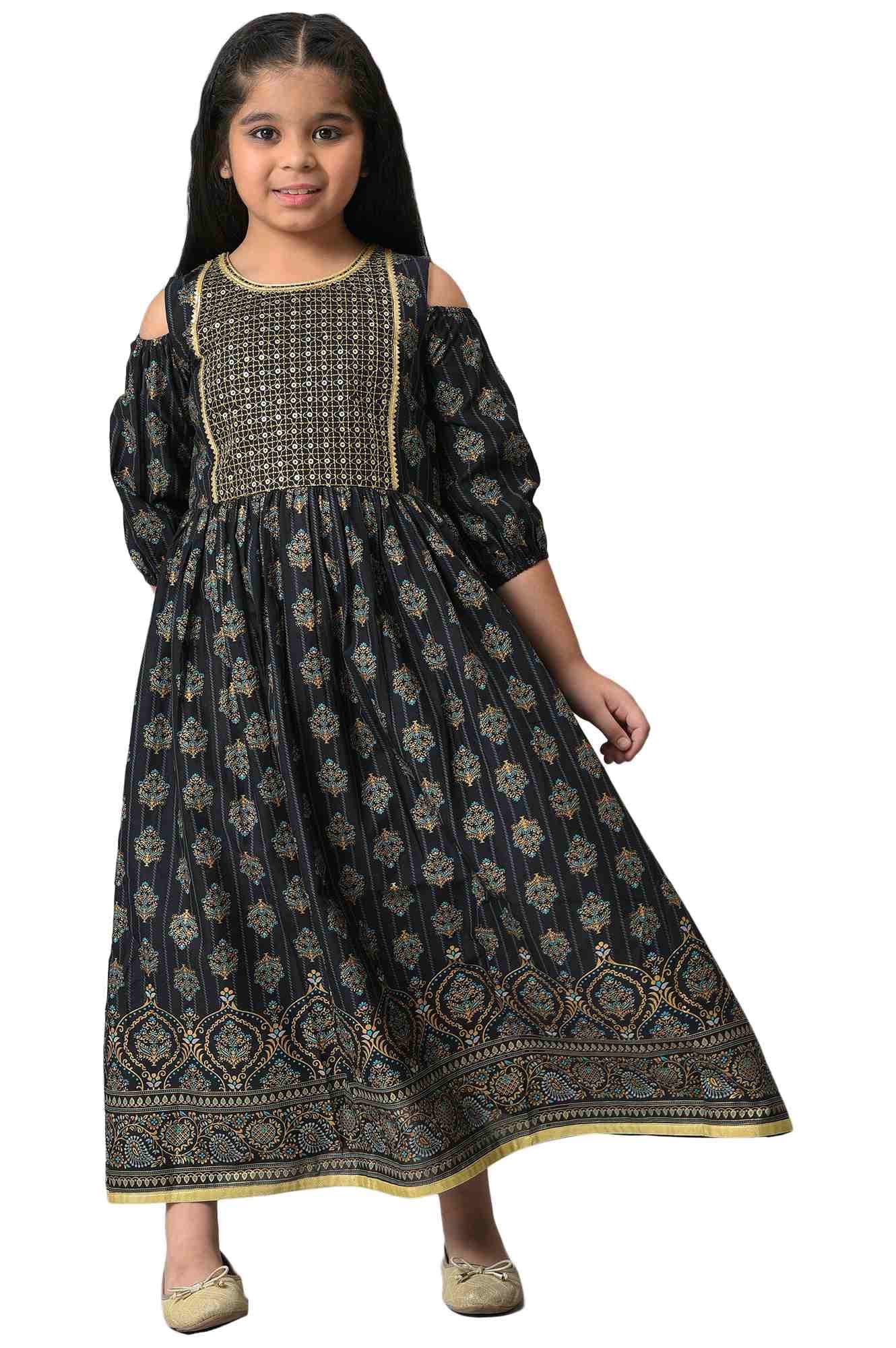 Girls Black Embroidered Festive Dress