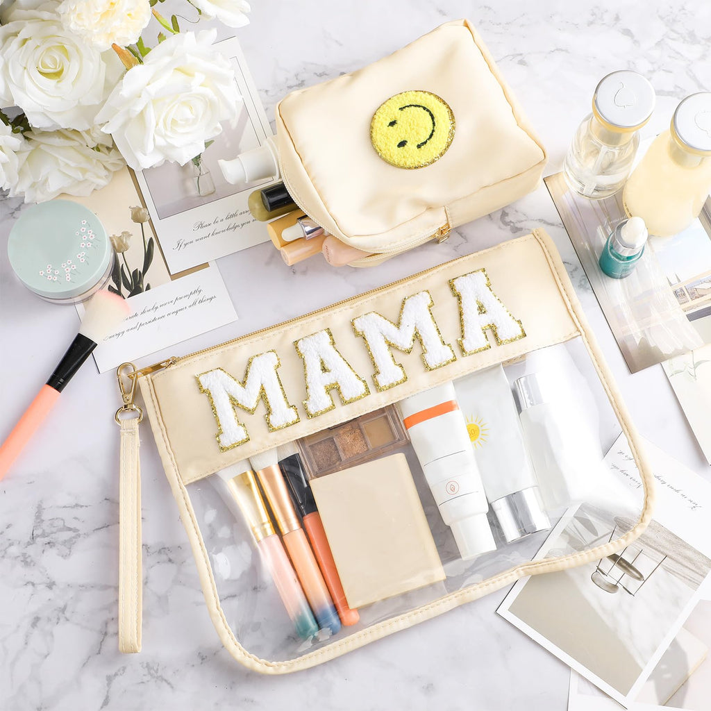 Hillban 2 Pcs Mama Gifts Mama Bag Set MAMA Chenille Letter Bags Preppy Patch Makeup Bag for Hospital Beach Travel Bags Aesthetic