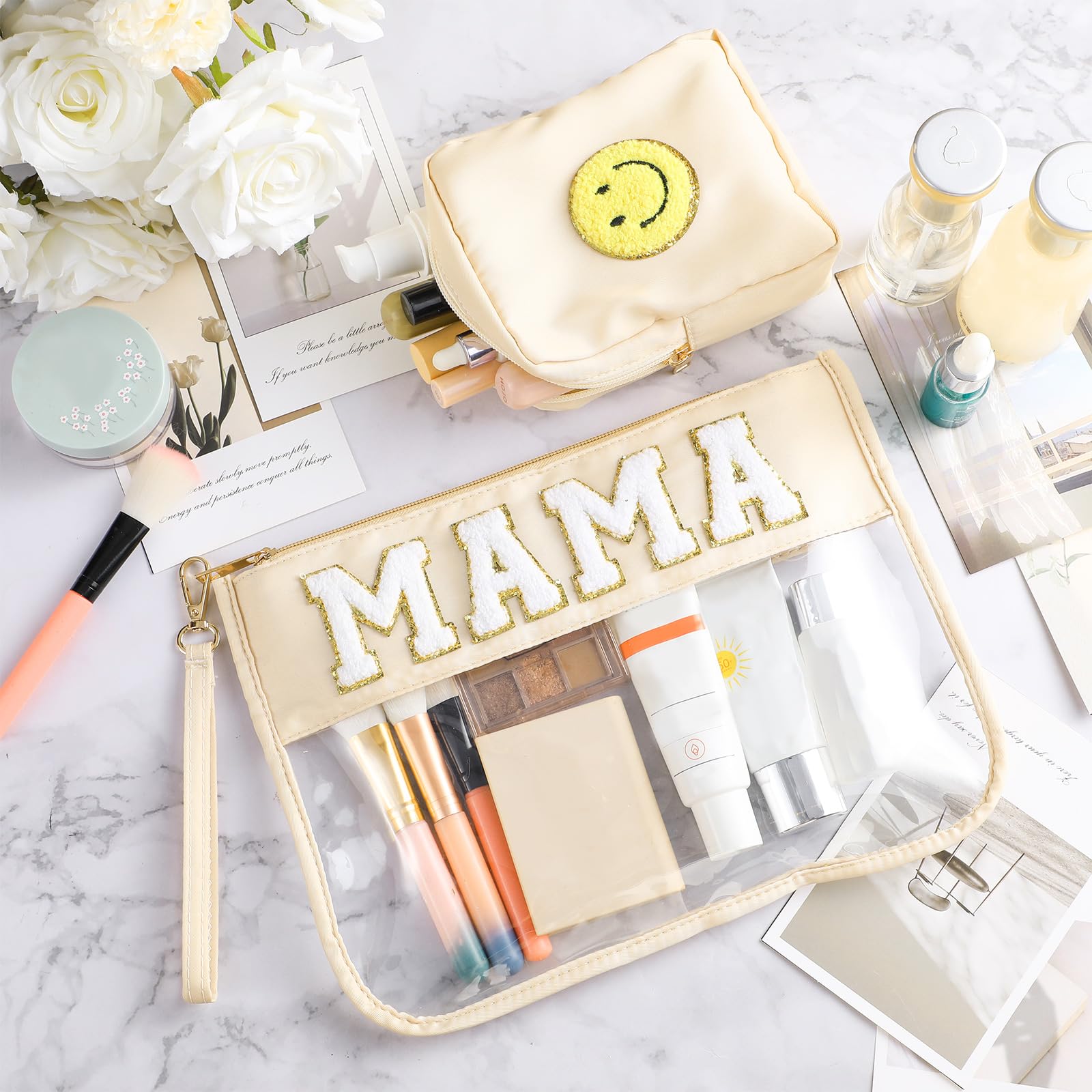 Hillban 2 Pcs Mama Gifts Mama Bag Set MAMA Chenille Letter Bags Preppy Patch Makeup Bag for Hospital Beach Travel Bags Aesthetic