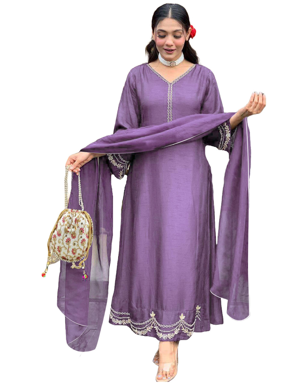 ANNI DESIGNER Womens Rayon Viscose Anarkali Embroidered Kurta with Pant & Dupatta (Ranibai Purple_L_Purple_Large)