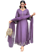 ANNI DESIGNER Womens Rayon Viscose Anarkali Embroidered Kurta with Pant & Dupatta (Ranibai Purple_L_Purple_Large)
