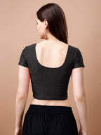 Pujia Mills WomenS Readymade Dobby Cotton Lycra Stretchable Round Neck Short Sleeve Blouse Fancy Black Color Lycra Stretchable