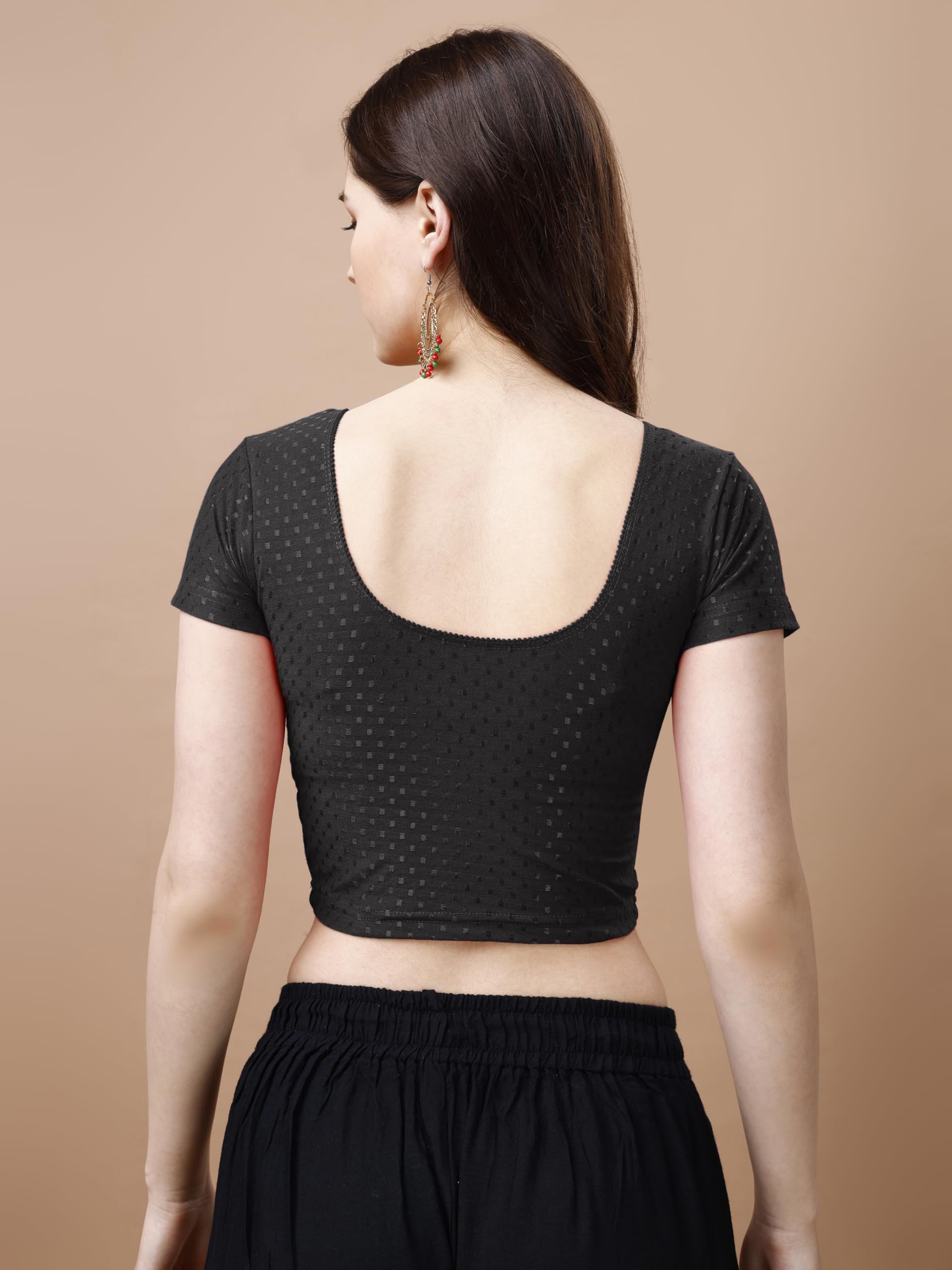 Pujia Mills WomenS Readymade Dobby Cotton Lycra Stretchable Round Neck Short Sleeve Blouse Fancy Black Color Lycra Stretchable