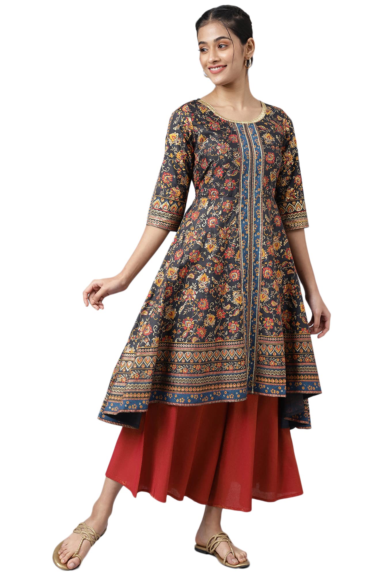Aurelia Polyester WomenS Grey Floral Printed Straight Kurta_22Aua13480-505392_L