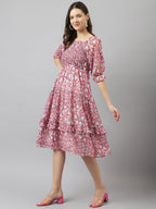 Toochki WomenS Pink Georgette Floral Tiered Western Knee Length Dress A Line Suitable In Summer Wear Latest Trendy Midi Dress