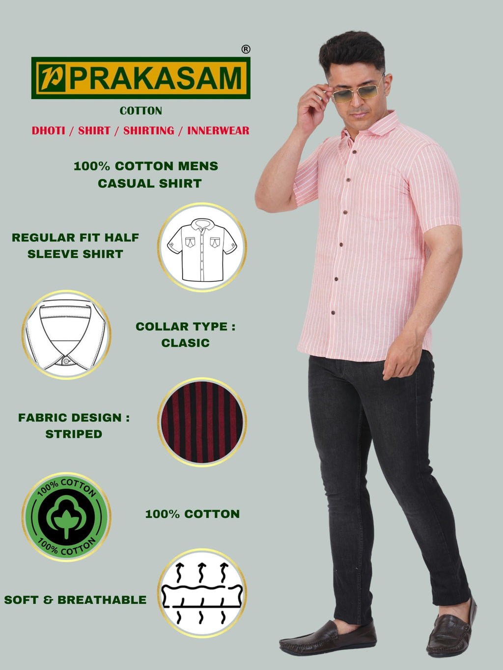 Mens Striped Regular fit Cotton Casual Shirt Pink