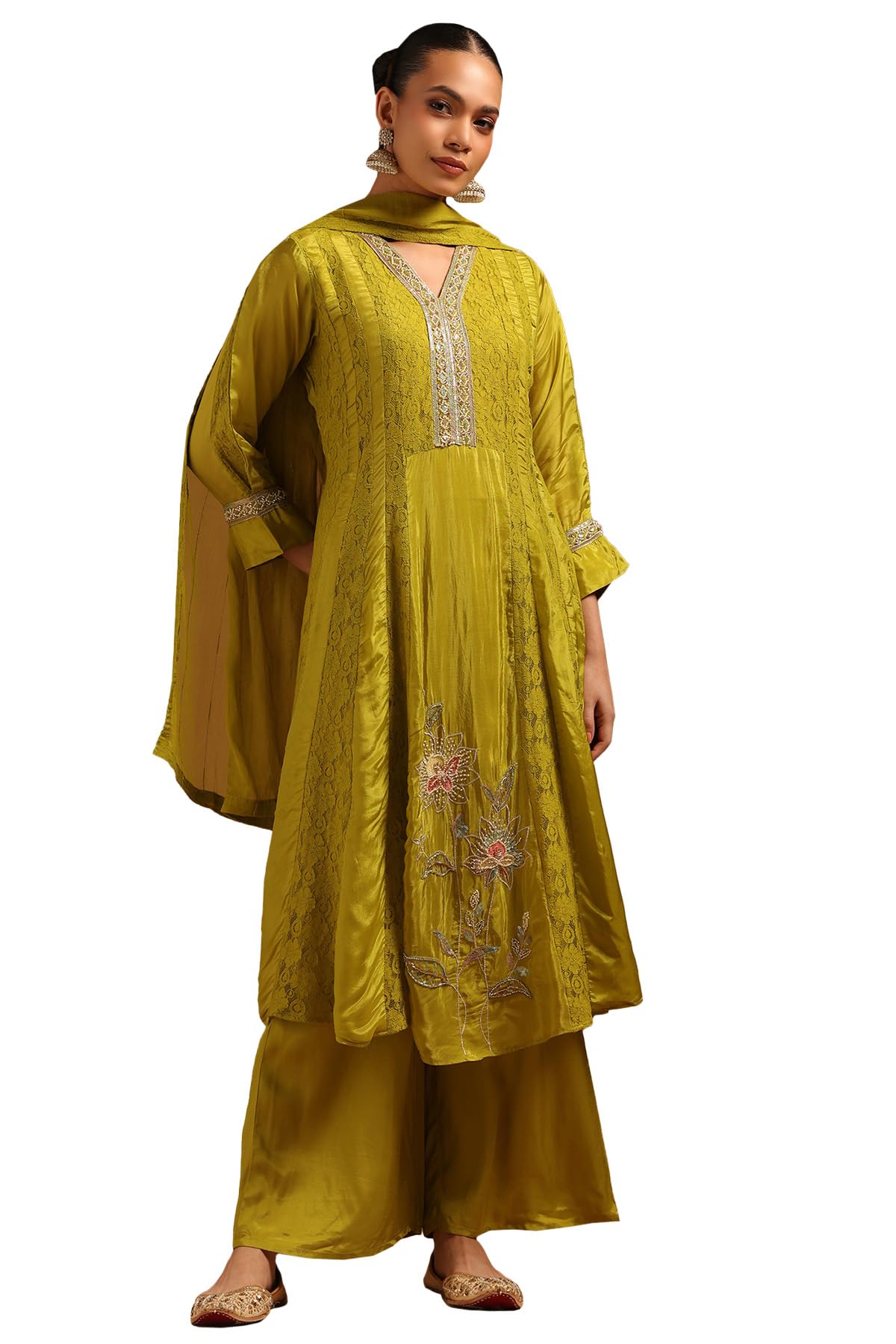 Soch Women Dola Silk Floral Suit Set with Cutwork and Lace Details