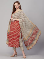 ANNI DESIGNER Womens Cotton Blend Printed Straight Kurta with Pant & Dupatta (Usmi-Maroon_S_Maroon_Small)