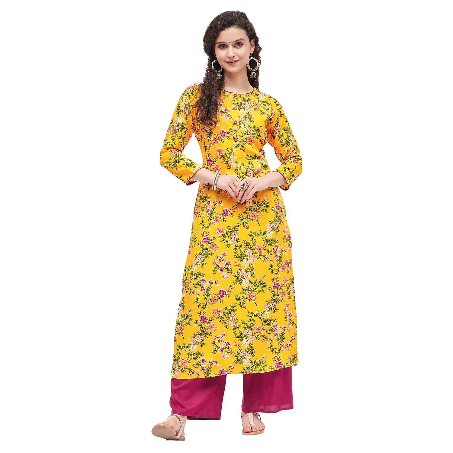 Tissu Women'S Rayon Yellow & Pink Printed Kurta With Palazzo (Tis-642_Yellow_Xl)