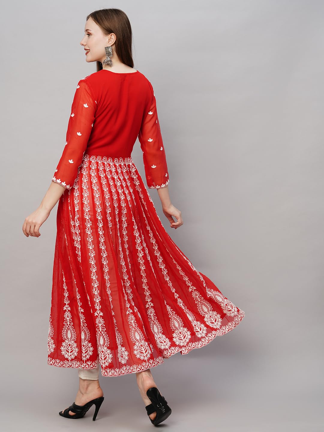ANNI DESIGNER Womens Georgette Chikankari Embroidered Anarkali Kurti (Kari Red-KDS_M_Red_Medium)