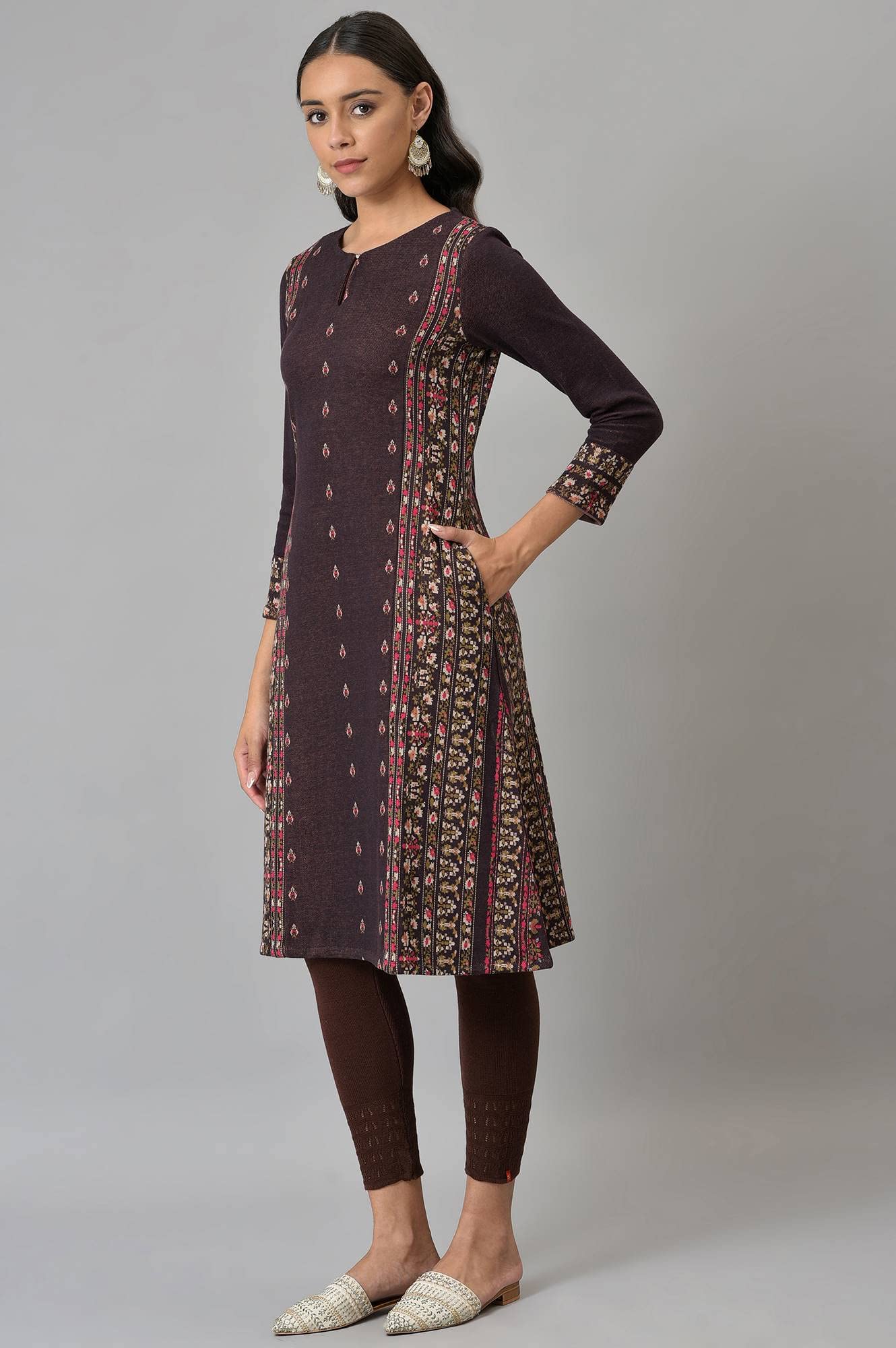 W For Woman Maroon Jacquard Flared Plus Size Winter Kurta