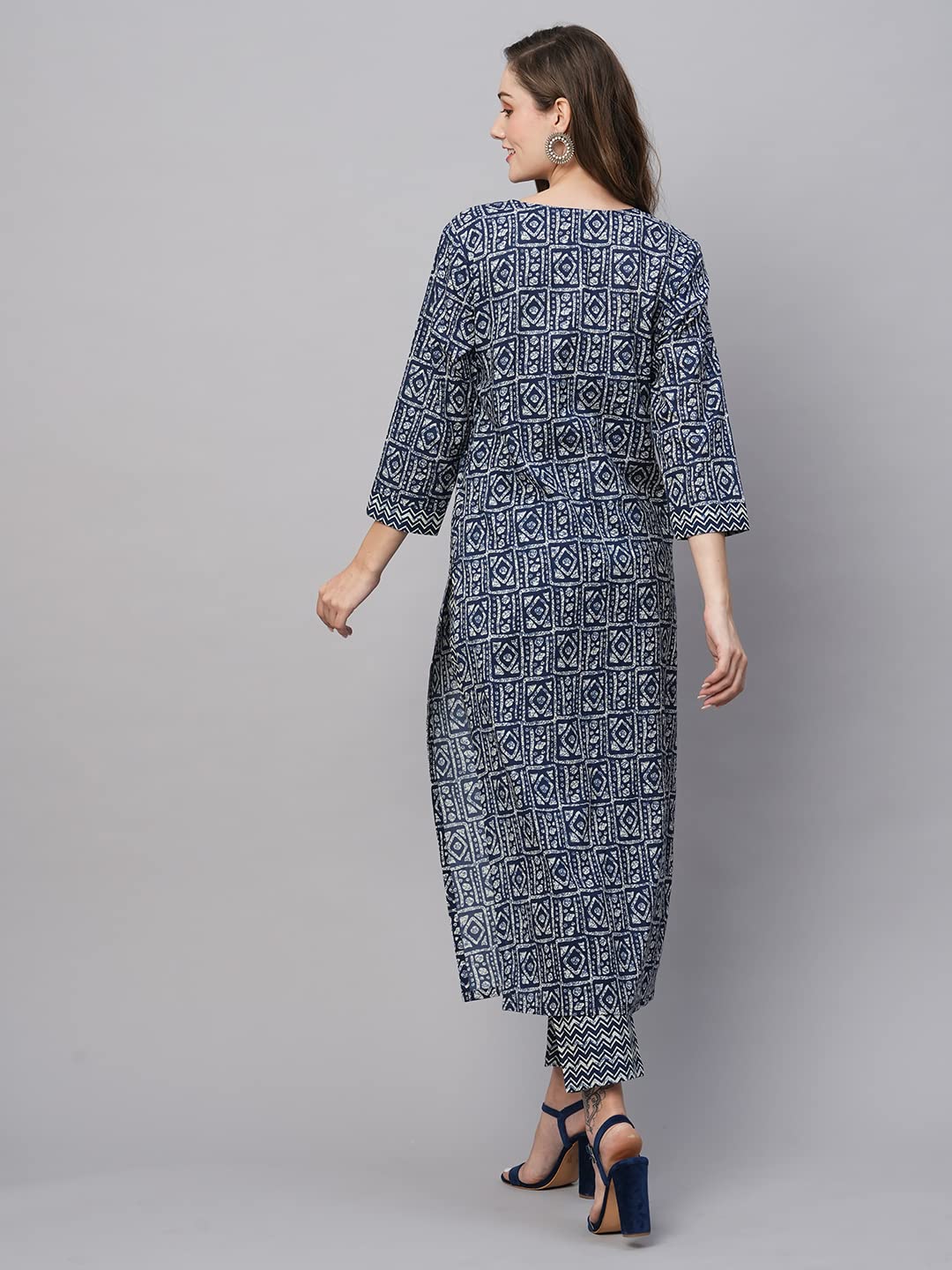 ANNI DESIGNER Womens Cotton Blend Straight Printed Kurta with Pant (Yami Blue_M_Blue_Medium)