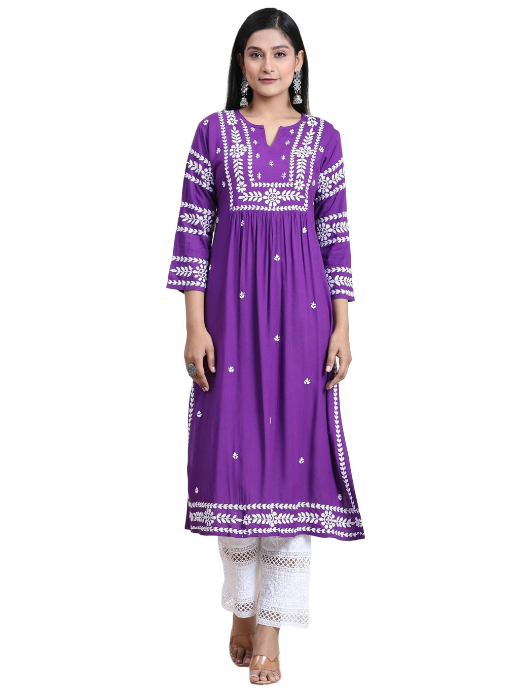 Gosriki Women'S Rayon Blend Chikankari Embroidered Straight Kurta (Elevan-Begani-Gs_Xl_Purple_X-Large)