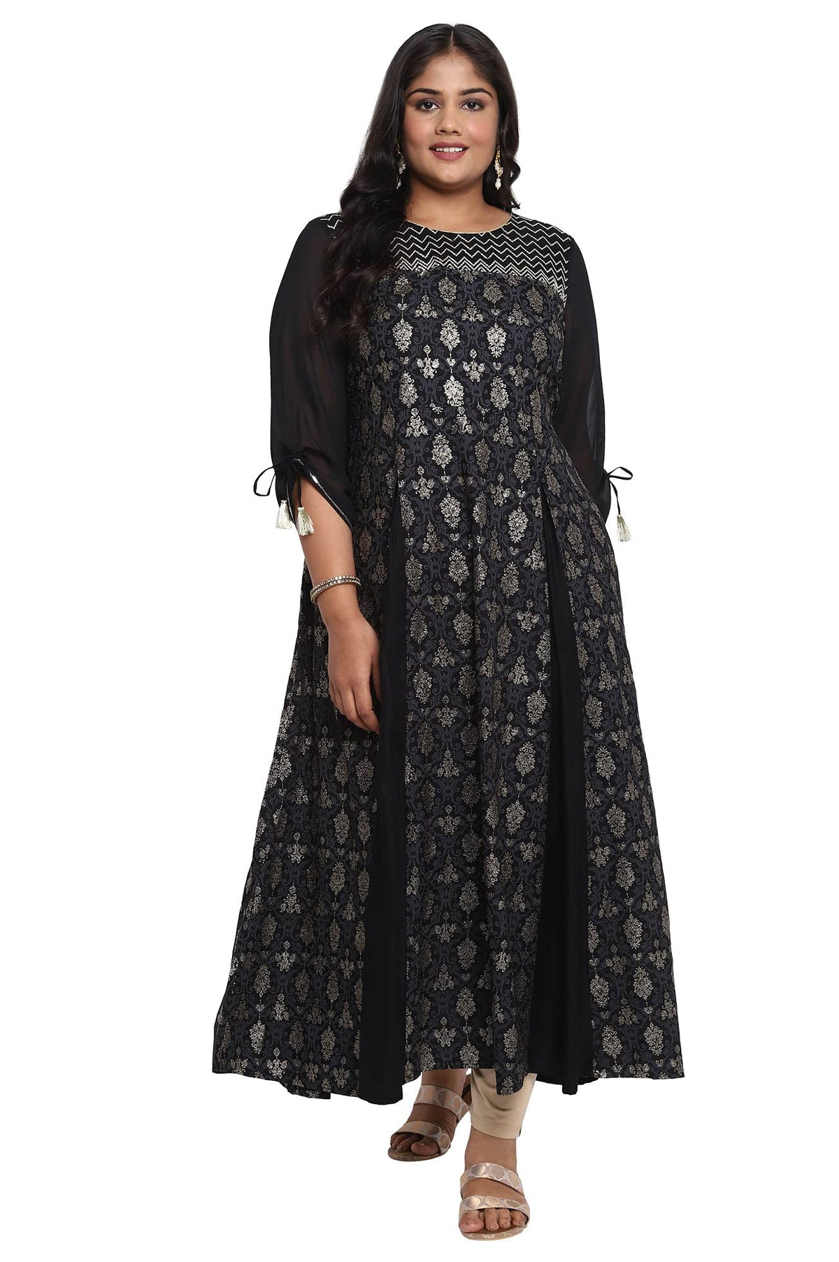 Aurelia WomenS Viscose Black Foil Print Flared Dress Ankle Length (21Aua11966-503355 M)