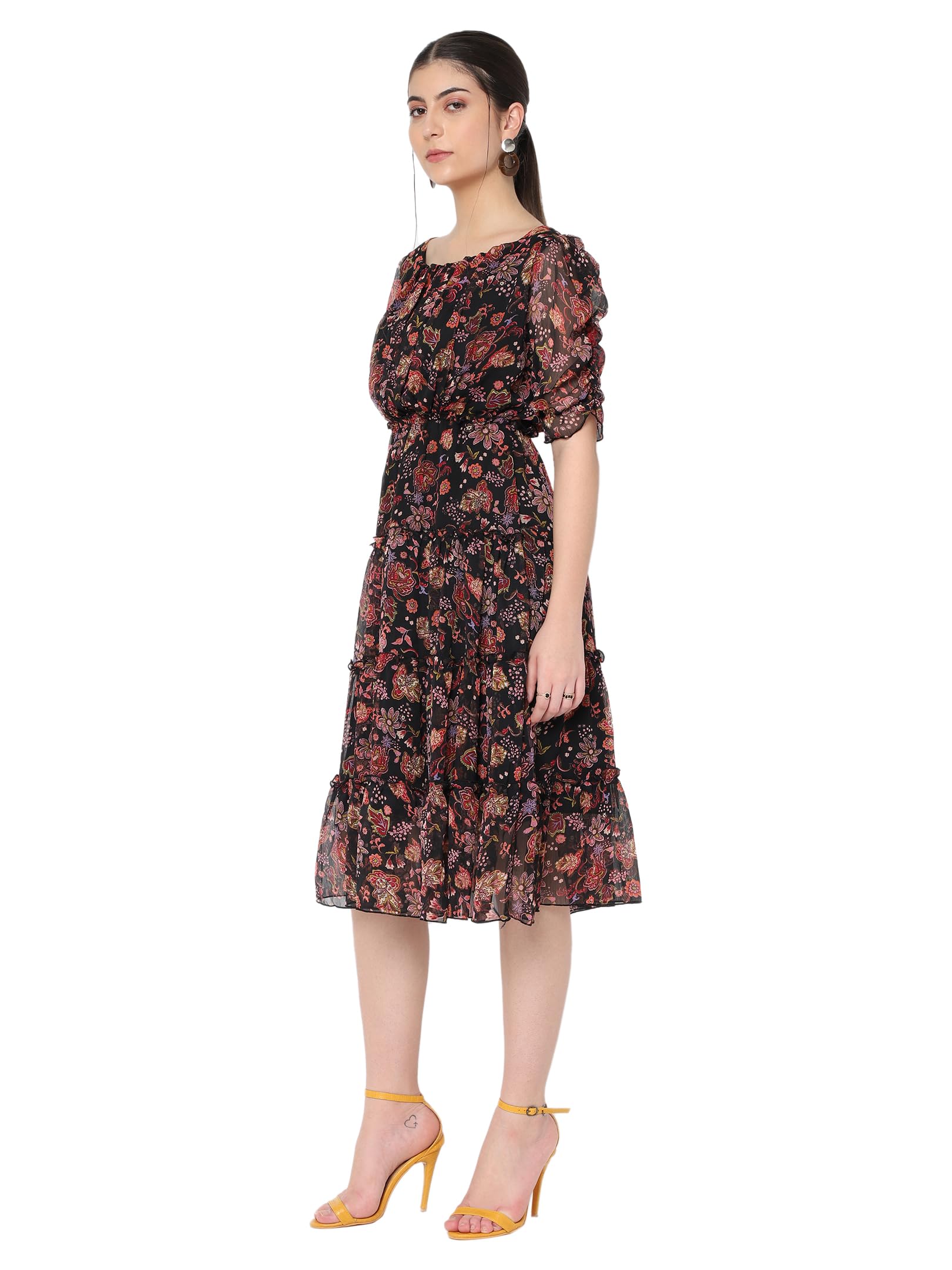 Avanova Chiffon Black Boat Neck Knee Length Western Dresses For Women