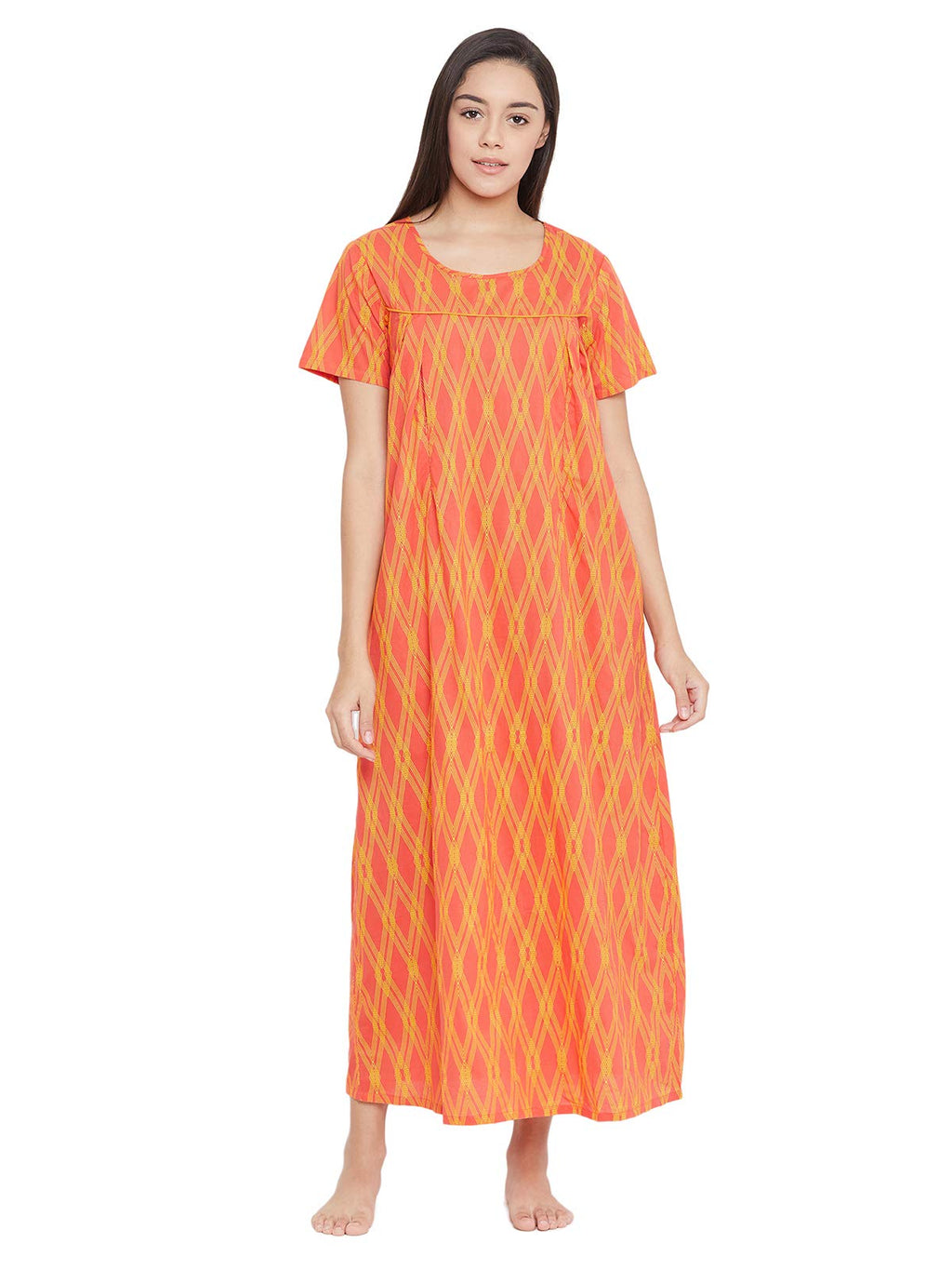 Clovia Womens Cotton Printed Maternity Long Night Dress (NS1111A16_Orange_XL)