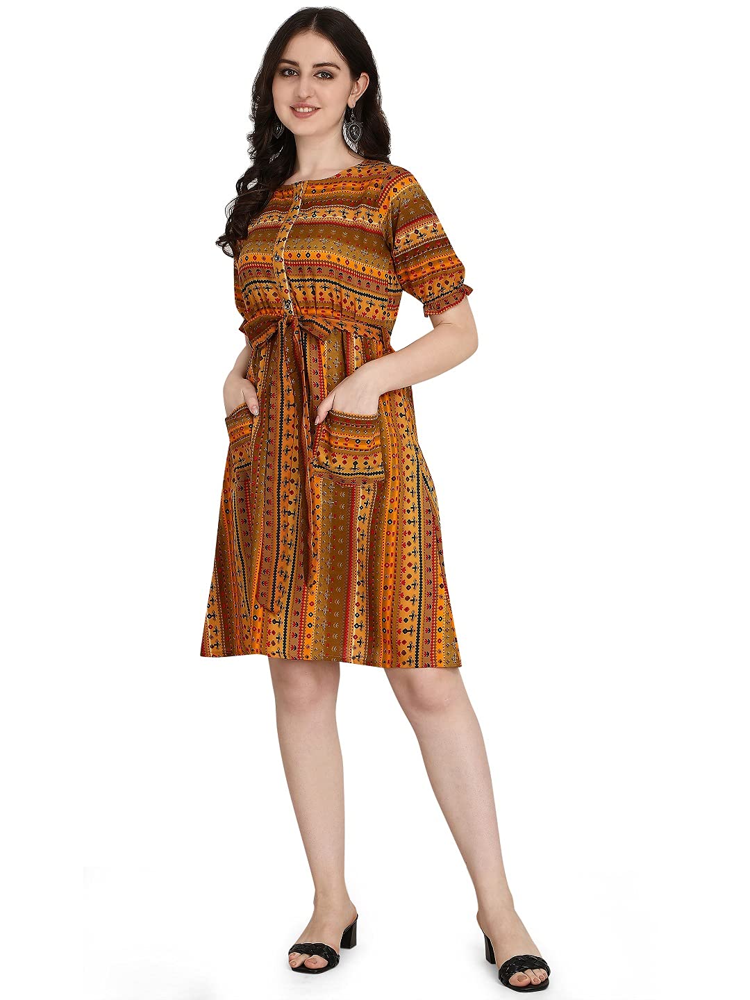 Greciilooks Women Rayon Fancy Regular Fit Kurti (Brown, Large)