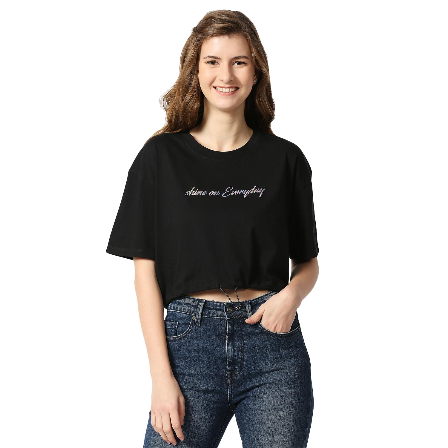 Pepe Jeans Women Cotton Regular Fit Graphic Printed T-Shirts,Black,X-Large