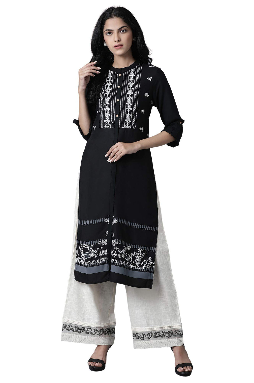 W For Woman Women'S Viscose Regular Fit Embroidered And Printed Shirt Kurta