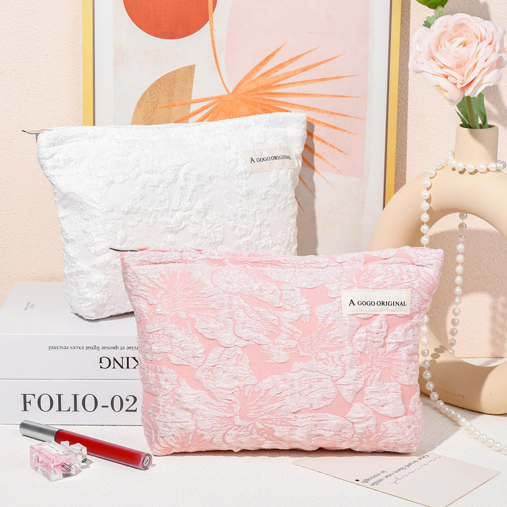 SOIDRAM 2 Pieces Flower Makeup Bag Large Floral Cosmetic Bag Capacity Canvas Travel Toiletry Bag Organizer Cute Makeup Brushes A