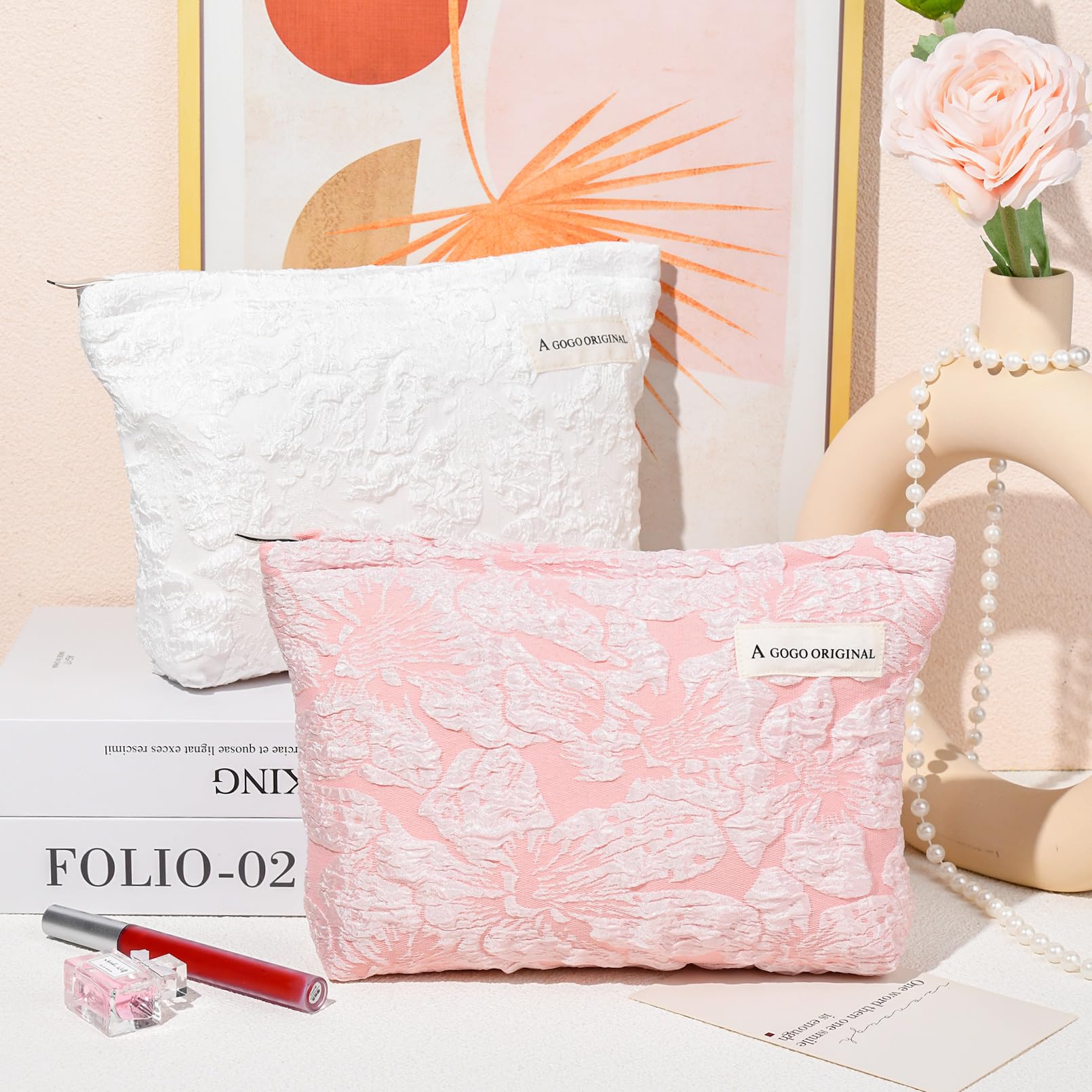 SOIDRAM 2 Pieces Flower Makeup Bag Large Floral Cosmetic Bag Capacity Canvas Travel Toiletry Bag Organizer Cute Makeup Brushes A