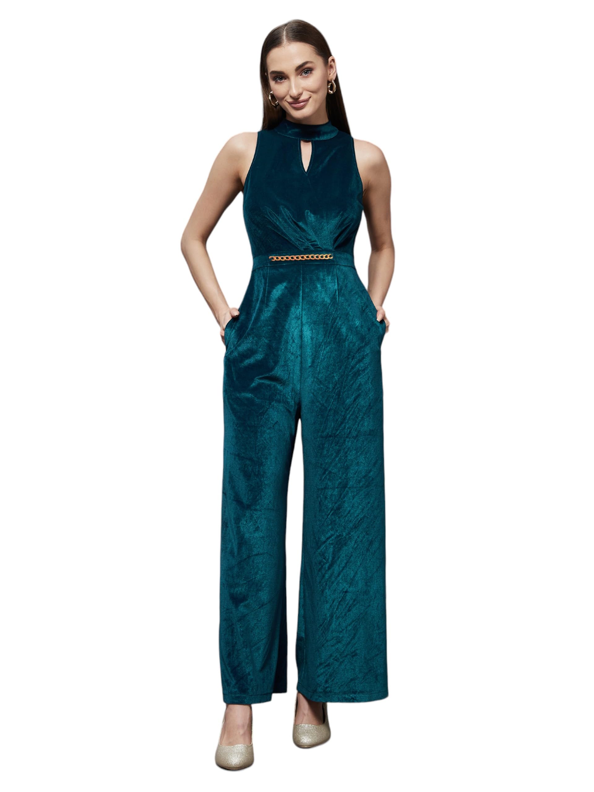 Miss Chase WomenS Teal Choker Neck Sleeveless Solid Pleated Regular Jumpsuit (Mcss22D15-23-83-03, Teal, S)