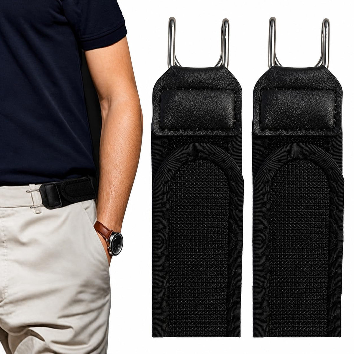 Shoshin 2 Pcs Buckle Less Belt For Men, Elastic Belt For Men, Adjustable Waist Strap, Black Hook Design Belts For Man With Activ 51.5
