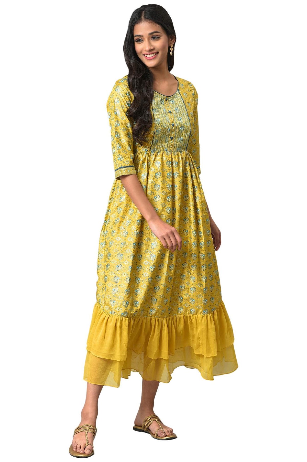 Aurelia Womens Polyester A-Line Midi Dress (22AUA13606-505178_Yellow