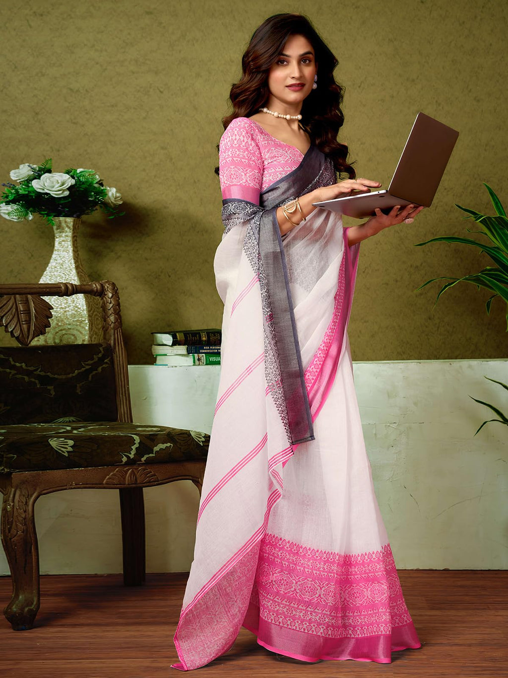 Satrani WomenS Linen Zari Border Printed Ready To Wear One Minute Pre Pleated Readymade Saree With Unstitched Blouse Piece (34R