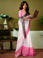 Satrani WomenS Linen Zari Border Printed Ready To Wear One Minute Pre Pleated Readymade Saree With Unstitched Blouse Piece (34R