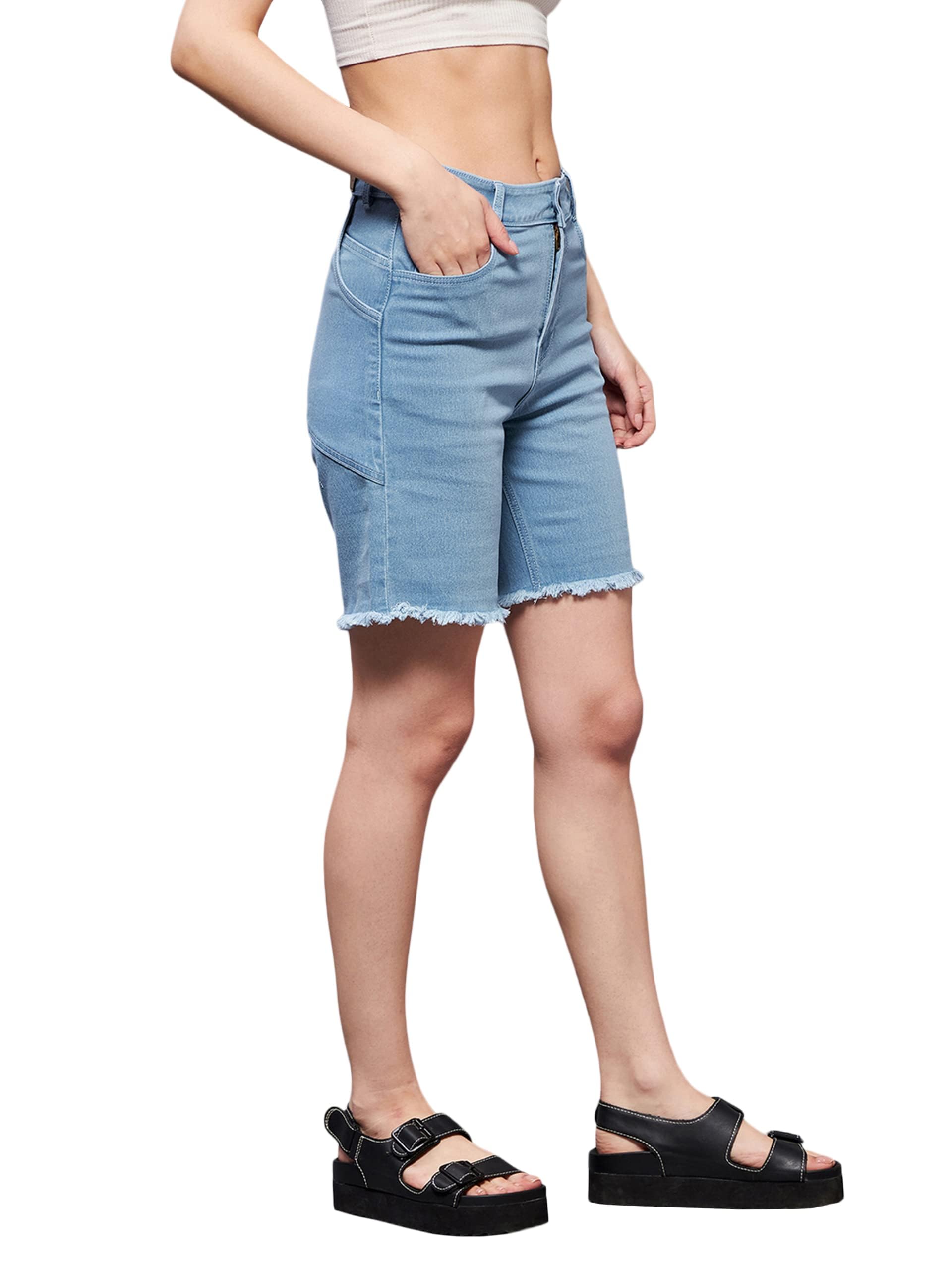 Miss Chase Womens Light Blue Regular High Rise Clean Look Above Knee Stretchable Denim Shorts (MCSS22DEN09-05-158-34, Light Blu