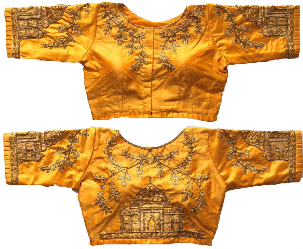 Pujia Mills Womens Silk Taj Mahal Half Sleeve Blouse (Mum taj Blouse_Yellow_38)