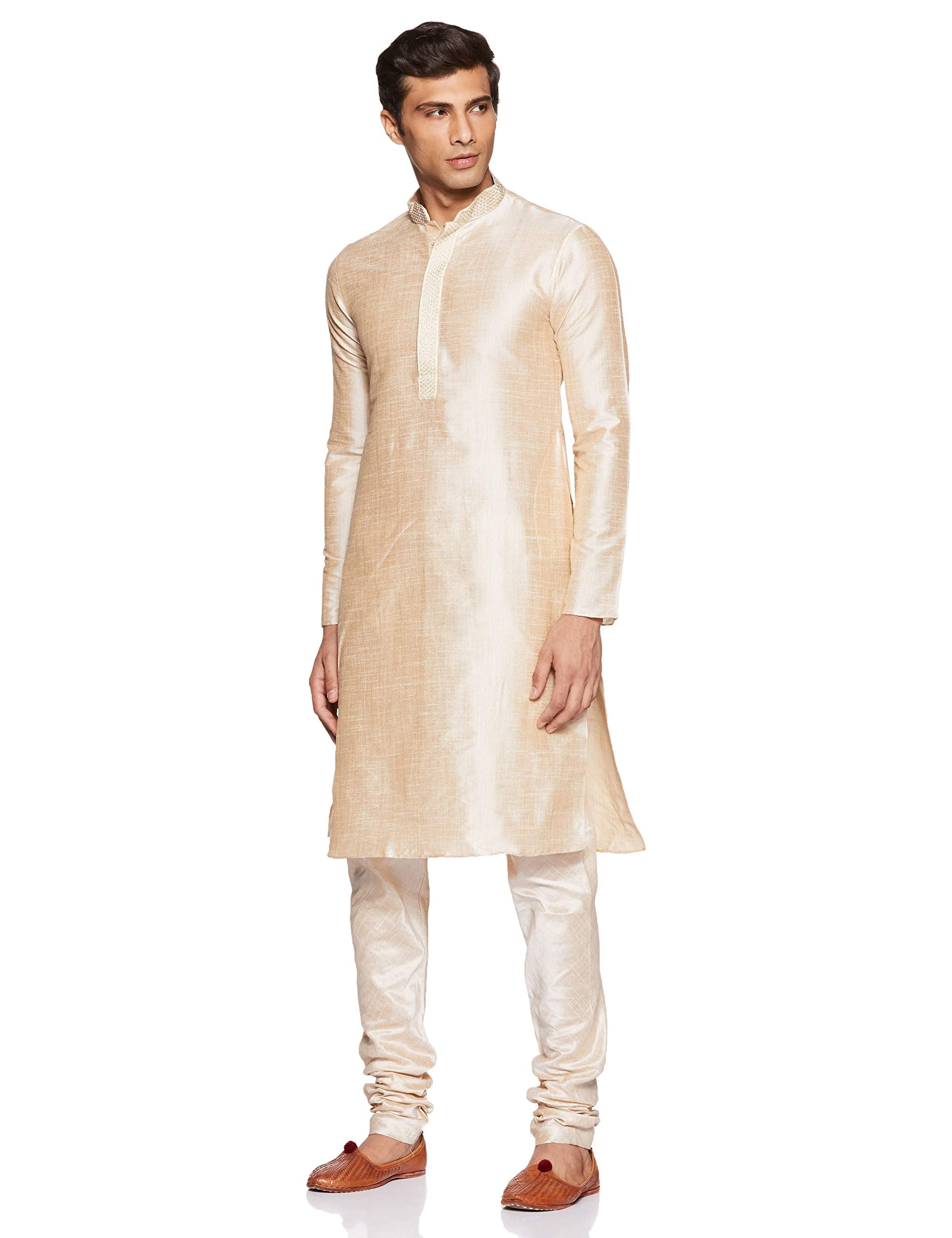 Manyavar MenS Silk Plain Regular Kurta (S952095-311-L_Beige_L)