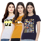 Preneum Womens Cotton Regular Fit Latest Graphic Stylish Printed Short Sleeves Casual T-Shirt || Trendy & Styles (Pack 3), Navy