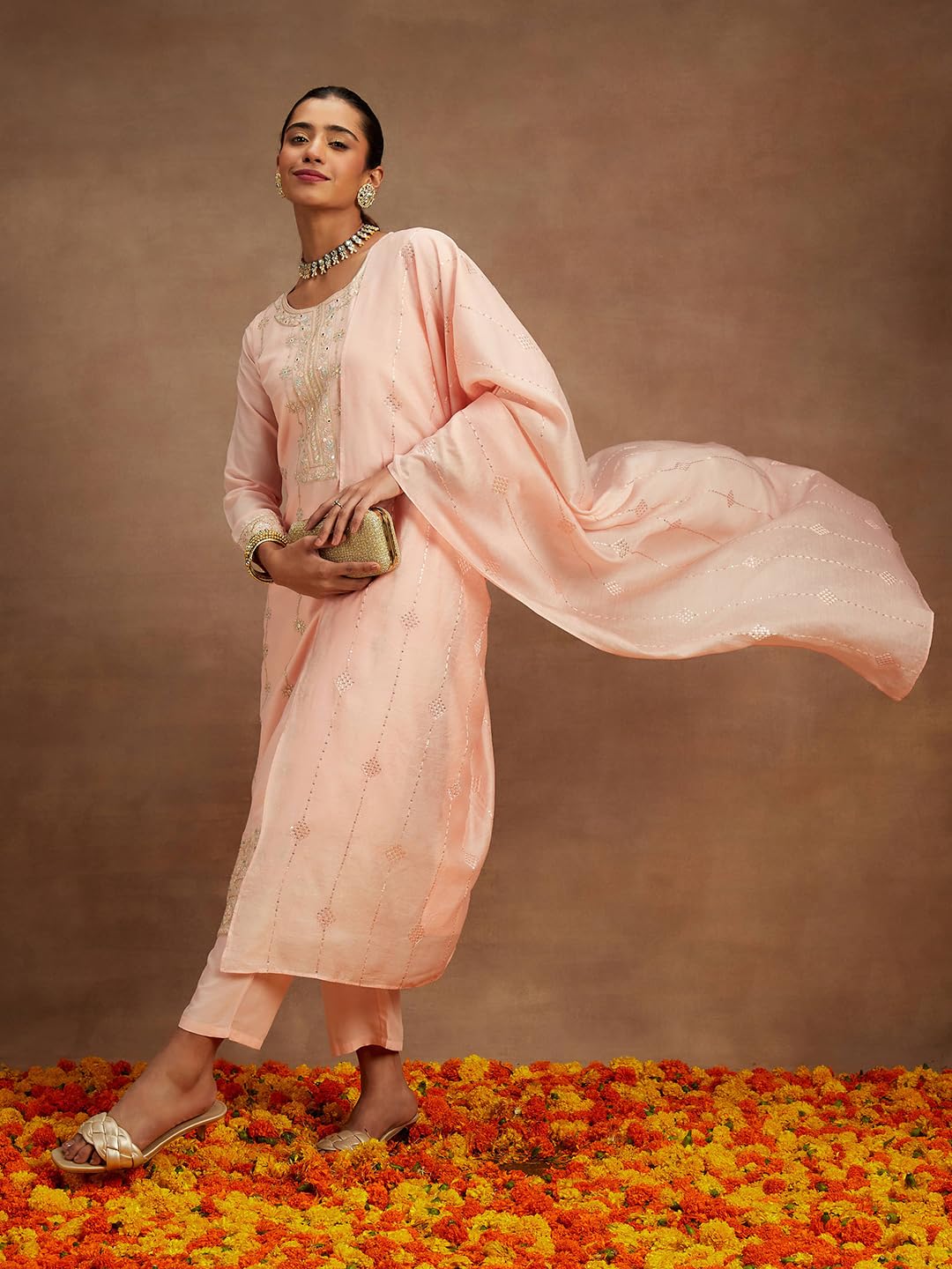 Libas Womens Embroidered Silk Straight Kurta With Trousers And Dupatta