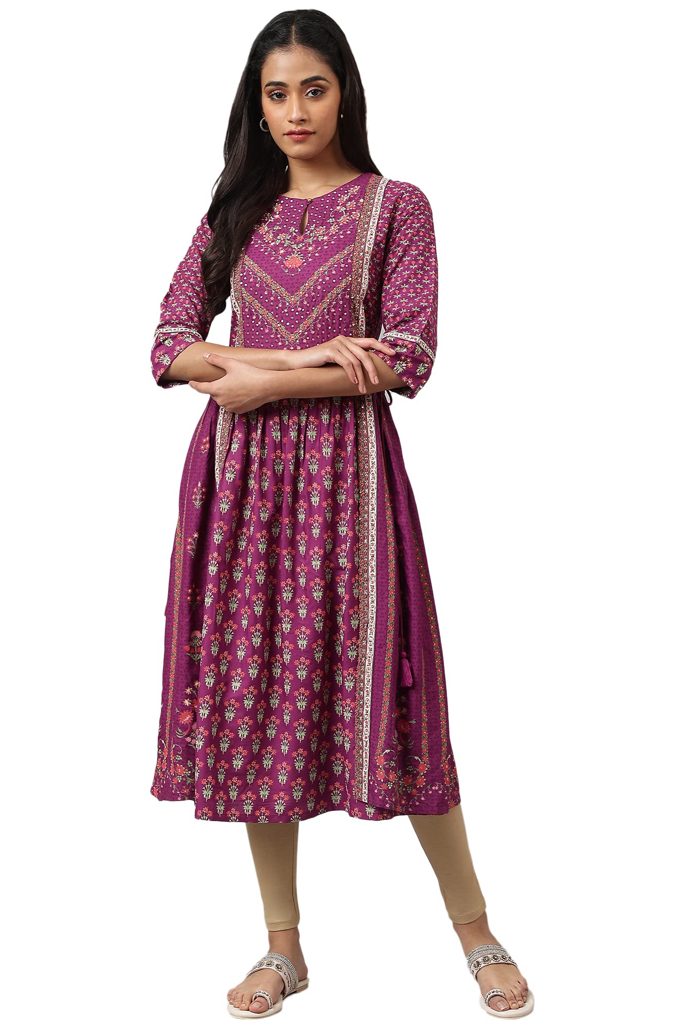 W For Woman Dark Purple Floral Printed A-Line Kurta With Sequins