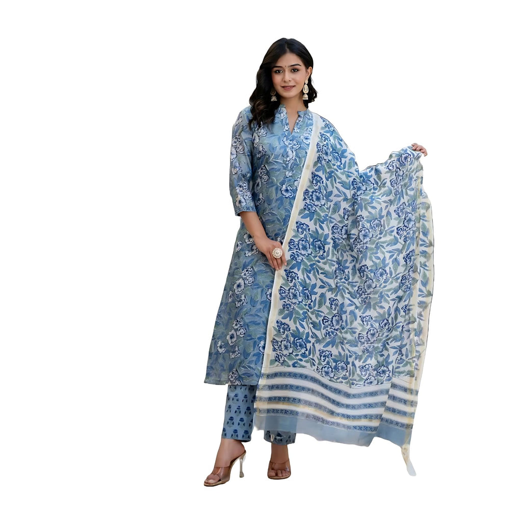 Modestouze Attires WomenS Rayon Blend Floral Printed Salwar Suit Set | V Neck 3/4 Sleeve Calf Length Kurta And Dupatta With Pri