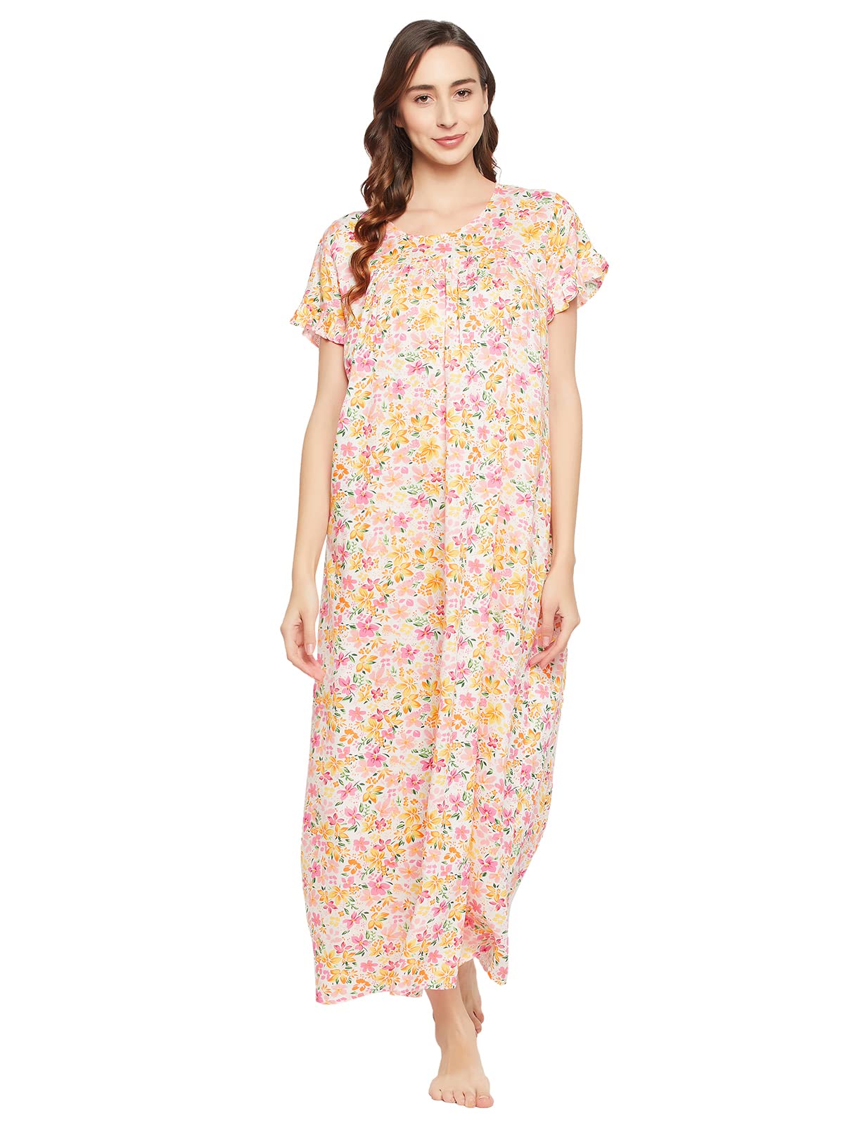 Clovia Womens Cotton Pretty Florals Long Nighty(NS1211D18_White_XL)