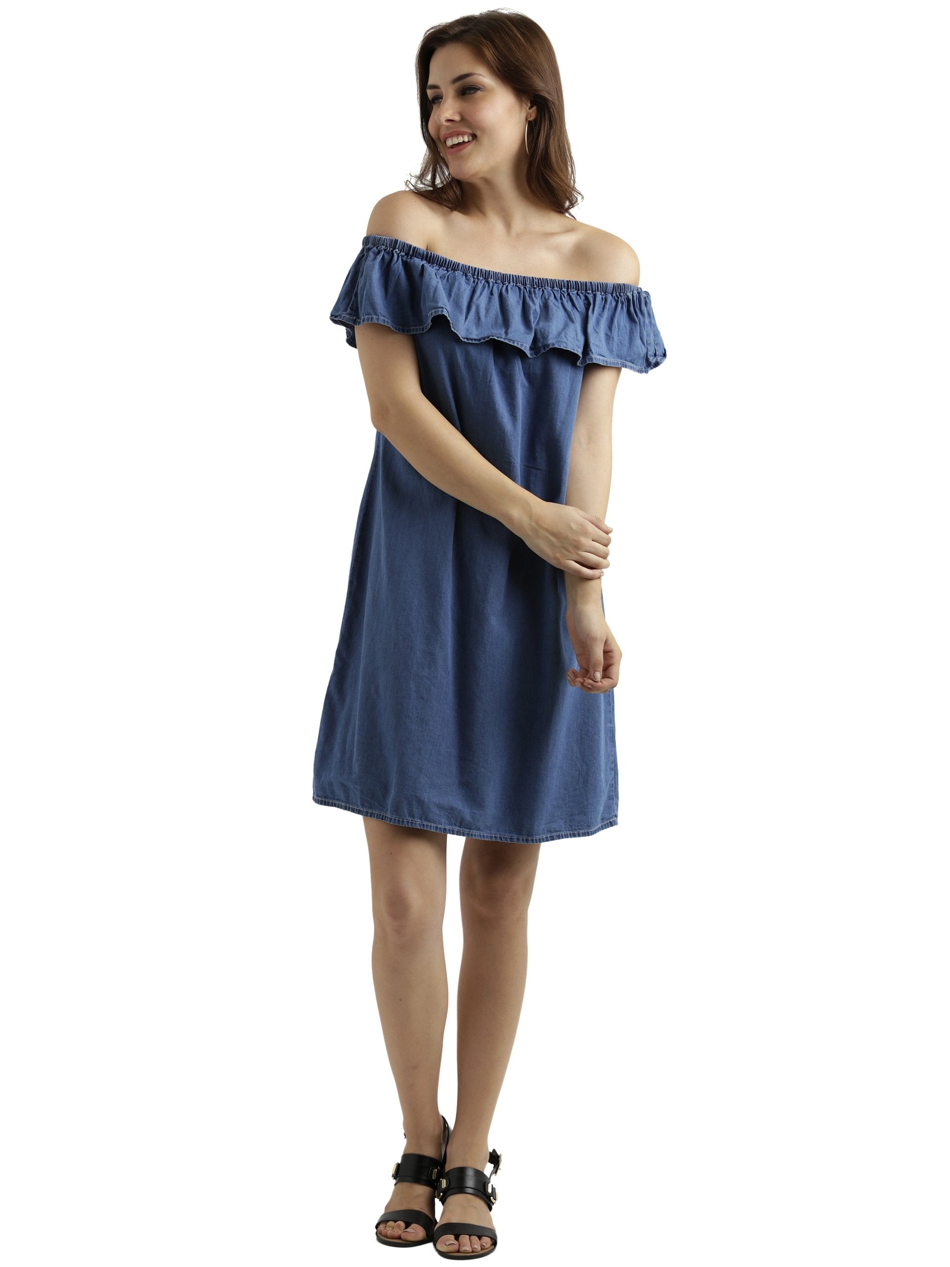 Miss Chase WomenS Blue Solid Off Shoulder Short Sleeve Ruffled Mini Denim Bardot Dress (Mcaw17Den04-01-158_Blue_S)