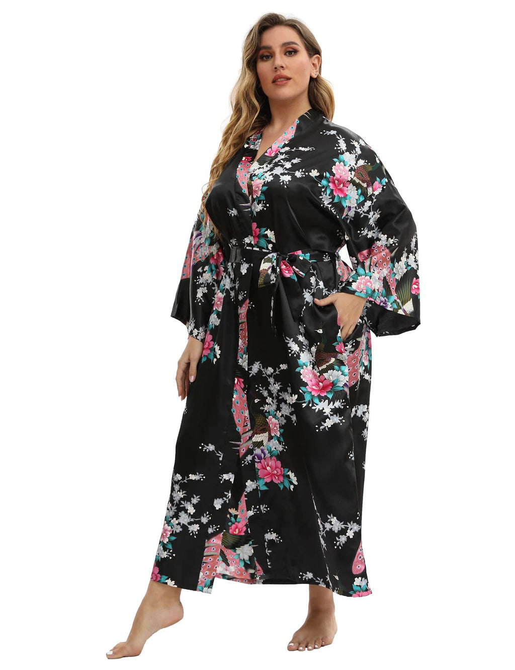 feslieacc Women's Long Robes Plus Size Long Satin Robes Black Floral Long Silk Robes Dressing Gown, Black, 2XL/3XL
