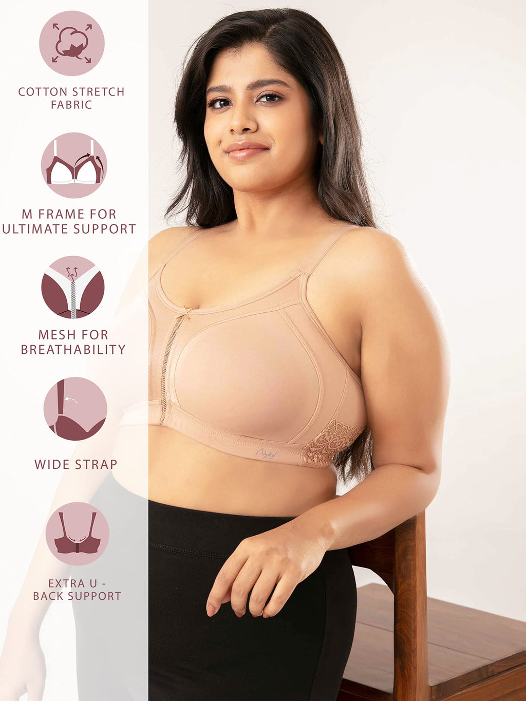 NYKD by Nykaa Womens Full Support M-Frame Heavy Bust Everyday Cotton Bra | Non-Padded | Wireless | Full Coverage| Bra, NYB101, S