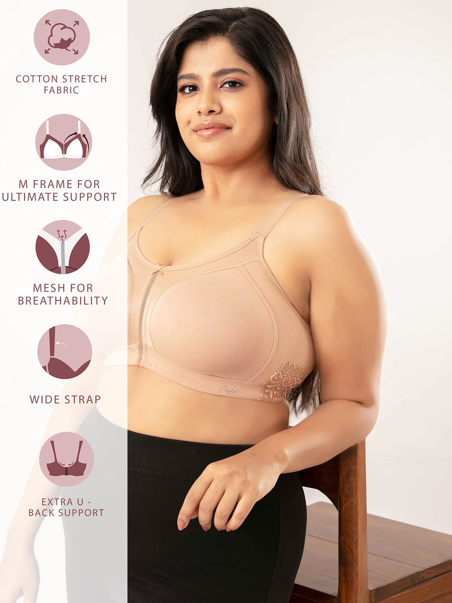 NYKD by Nykaa Womens Full Support M-Frame Heavy Bust Everyday Cotton Bra | Non-Padded | Wireless | Full Coverage| Bra, NYB101, S