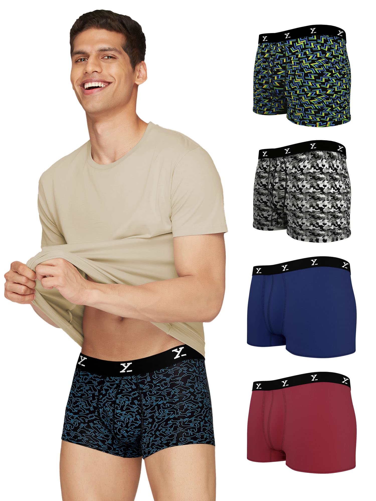 XYXX Mens Underwear Shuffle IntelliSoft Antimicrobial Micro Modal Trunk Pack of 5 (Camo Monocrom;Lighting Bolt;Yoga Pet;Twiligh
