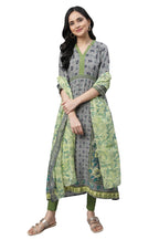 Grey Printed A-Line Kurta, Tights & Dupatta Set (Size: S)-21Auas14388-503553