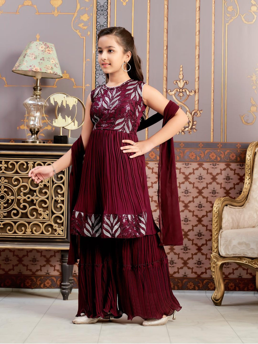 Aarika Girls Ethnic Wear Purple Colour Sequin Thread Embroidery Georgette Kurti Sharara Set (4-15 Years)