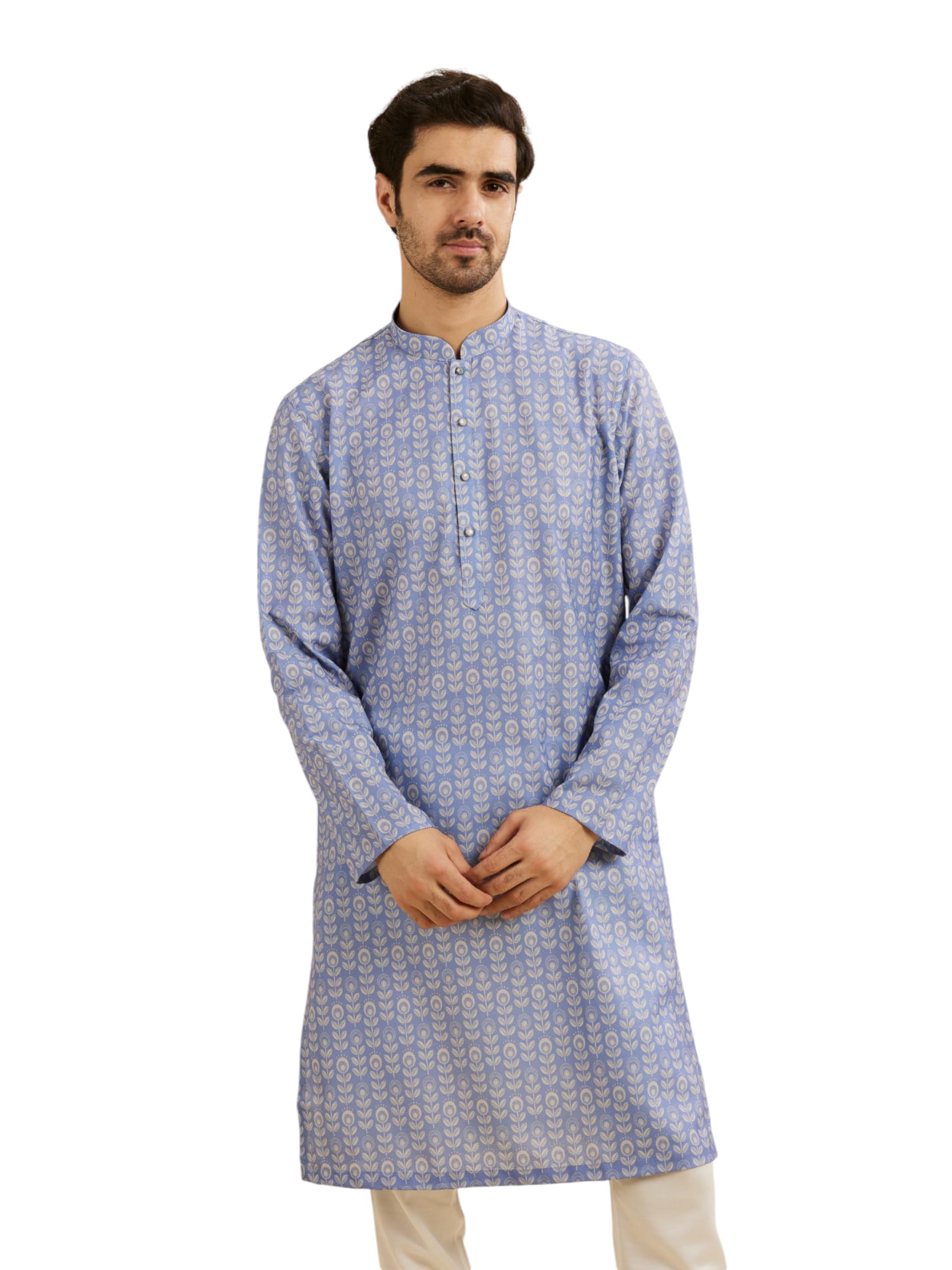 Manyavar Mens Cotton Blend Leaf Print Long Kurta (Greyish Blue,XL)