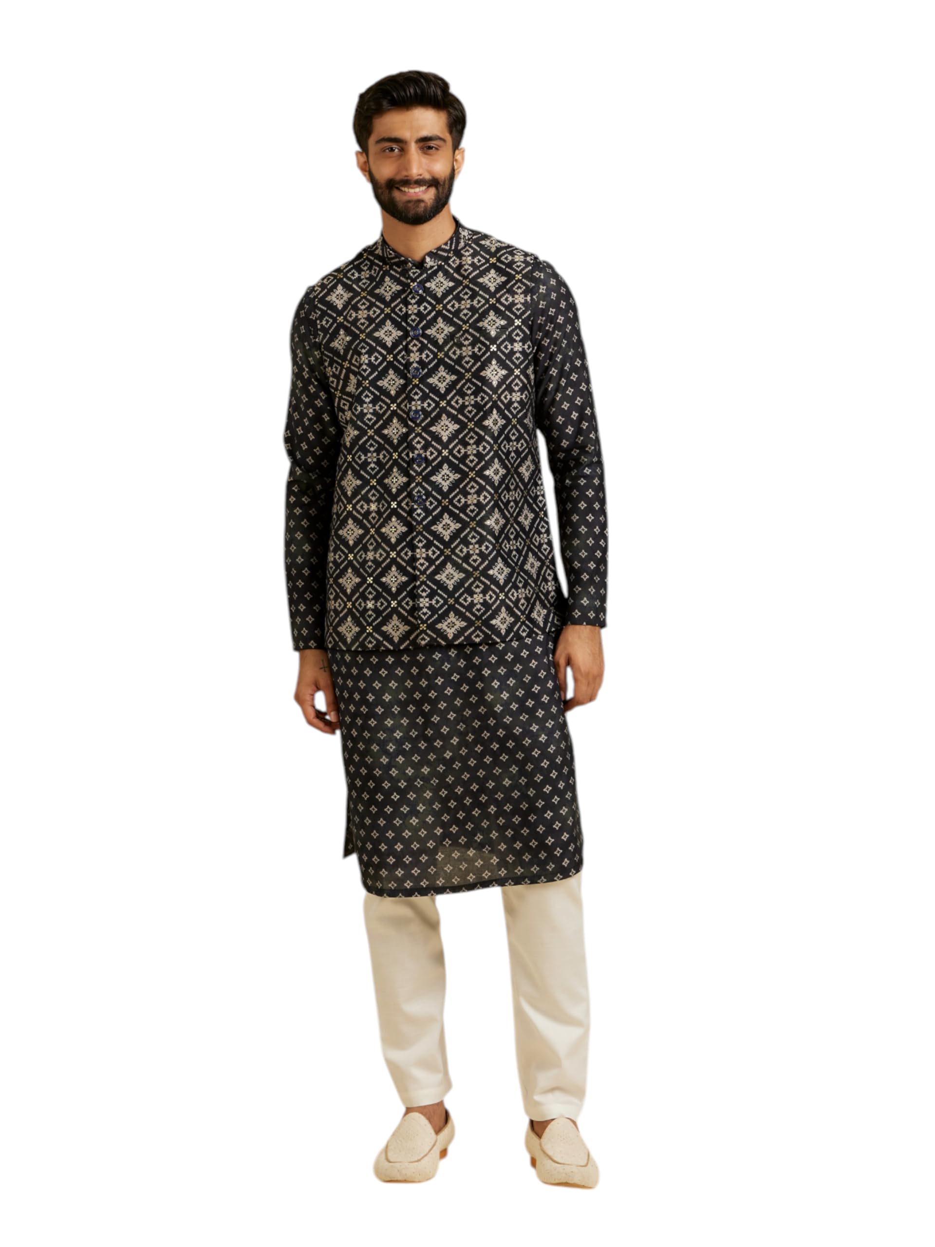 Manyavar Mens Viscose Blend Foil & Digital Print Kurta Jacket Set (Blue,XL)